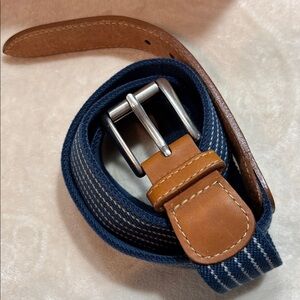 LL Bean Belt Mens Size 40 Leather Blue Canvas Made in USA Vintage L.L. Bean GUC